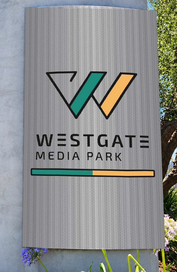 Westgate Media Park identity on the curved corner monument