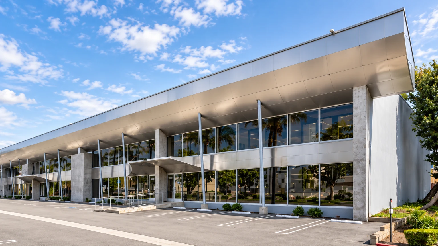 Close view of Westgate’s curved stainless-steel fascia, glass frontage and Armacost entrance