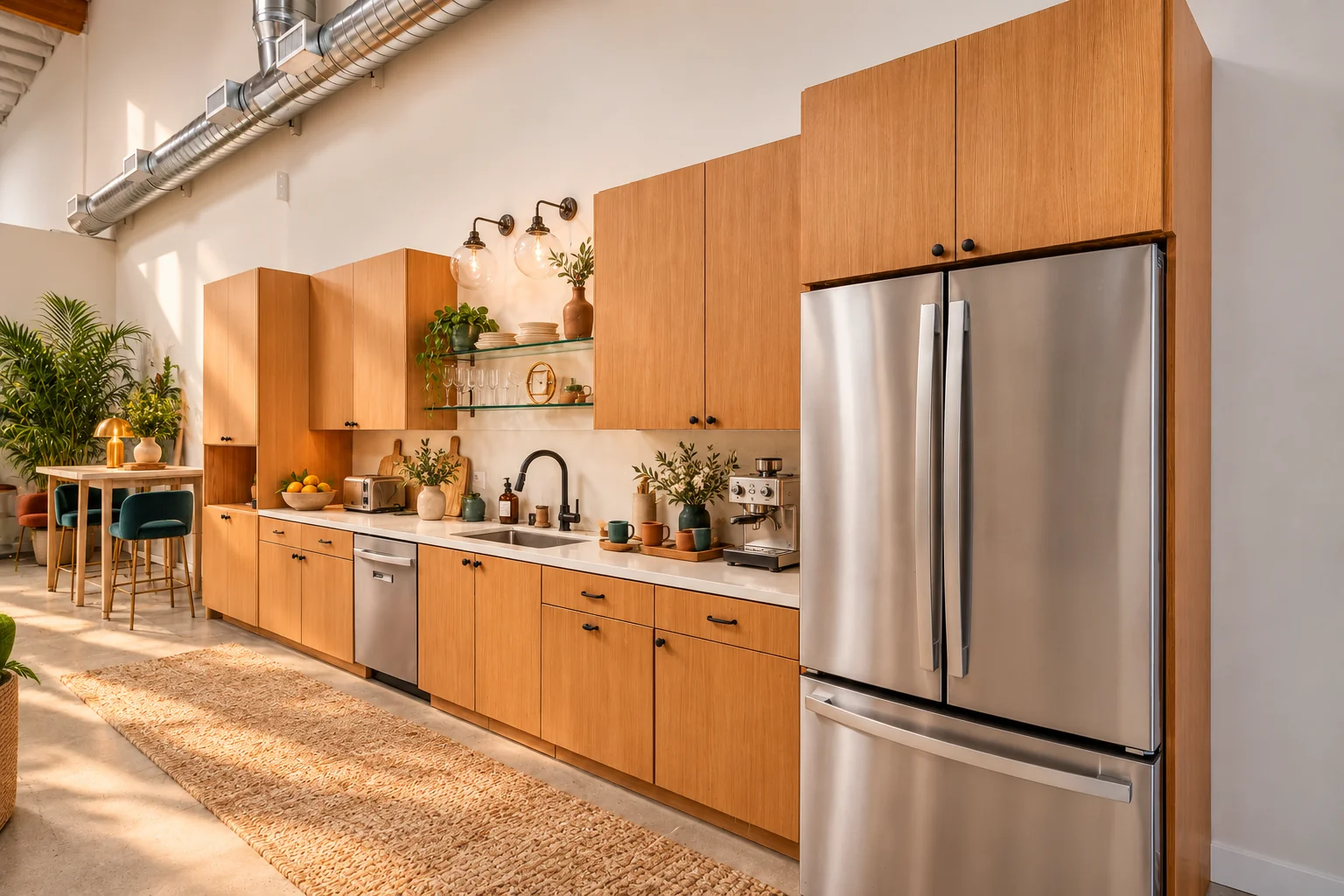 Oak Westgate kitchen with coffee bar styling and teal café stools