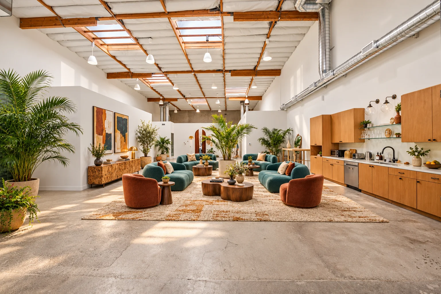 Skylit Westgate lounge and oak kitchen with teal and rust seating