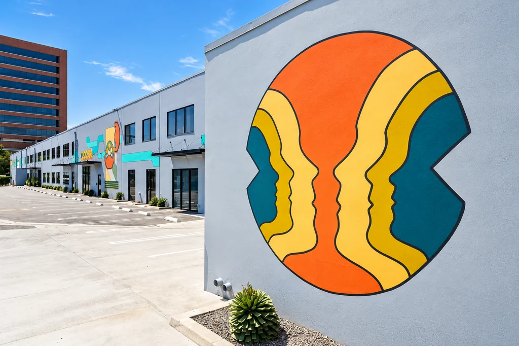 Colorful profile mural along Westgate Media Park’s west-side elevation