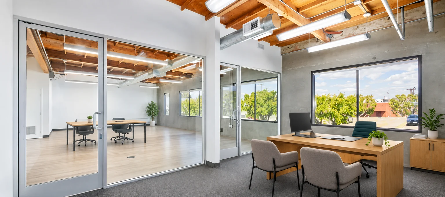 Private office with oak desk, guest chairs and glass partitions
